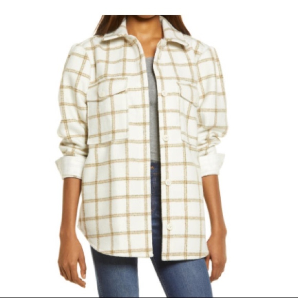 TREASURE & BOND SHIRT JACKET, Shacket, NEUTRAL PLAID PUFF SLEEVE SHIRT M